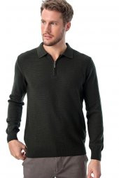 Polo Yaka Fermuarlı Desenli Triko Yeşil - 1