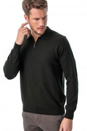 Polo Yaka Fermuarlı Desenli Triko Yeşil - 2