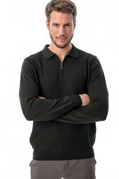 Polo Yaka Fermuarlı Desenli Triko Yeşil - 4