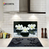 DECORITA Cam Ocak Arkası Koruyucu- Siyah Fon Beyaz Orkideler - 1