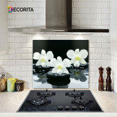 DECORITA Cam Ocak Arkası Koruyucu- Siyah Fon Beyaz Orkideler - 2