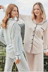 Bone Club 5125 Mavi  Noktalı Önden Düğmeli Lohusa Pijama Tk - 1