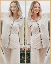 Bone Club 5125 Pudra Noktalı Önden Düğmeli Lohusa Pijama Tk - 1