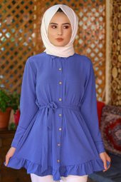 Düğmeli Kemerli Tunik Mavi - 4039.365. - 1
