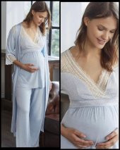 ANIL 9603  MAVİ Yeni Sezon Hamile Lohusa 3Lü Pijama Sabahlık Takım - 5