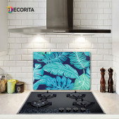 DECORITA Cam Ocak Arkası Koruyucu- Mavi Tropik Yapraklar - 1