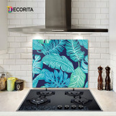 DECORITA Cam Ocak Arkası Koruyucu- Mavi Tropik Yapraklar - 2