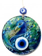 Tavus Kuşu Desenli Füzyon Cam Nazar Boncuklu El Yapımı 12 Santimetre Çapında Duvar Süsü thumbnail 2