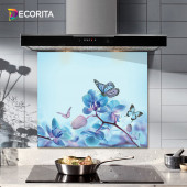 DECORITA Cam Ocak Arkası Koruyucu- Mavi Çiçek Kelebek - 2