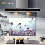 DECORITA Cam Ocak Arkası Koruyucu- Mor Çiçek Kelebek - 1