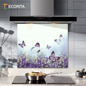 DECORITA Cam Ocak Arkası Koruyucu- Mor Çiçek Kelebek - 2