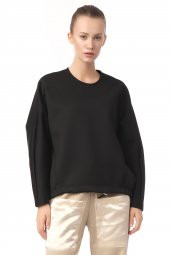 Kadın Siyah Oversize Bisiklet Yaka Basic Sweatsirht - 2