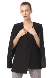 Kadın Kruvaze Panço Kol Detaylı Klasik Blazer Ceket - 1