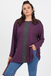 Büyük Beden Mor Salaş Önü Sim Detaylı Uzun Kol Bluz - 1