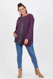 Büyük Beden Mor Salaş Önü Sim Detaylı Uzun Kol Bluz - 3