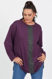 Büyük Beden Mor Salaş Önü Sim Detaylı Uzun Kol Bluz - 4