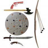 Ahşap Oyuncak Seti 6 Parça - Kalkan + Balta + Kılıç + Karambit + Ok Yay + Lastik Atan Tabanca - 1