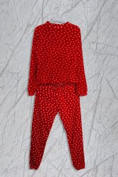 Kalp Baskılı Kadife Kırmızı Pijama Takımı - 4