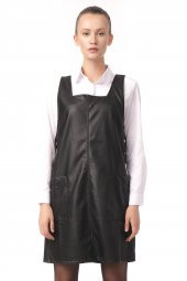 Kadın Cepli Kare Yaka Askılı Suni Deri Jile Elbise - 1