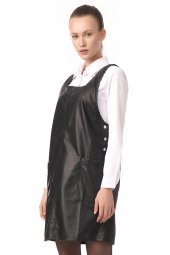 Kadın Cepli Kare Yaka Askılı Suni Deri Jile Elbise - 5