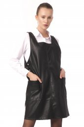 Kadın Cepli Kare Yaka Askılı Suni Deri Jile Elbise - 6