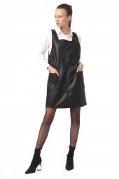 Kadın Cepli Kare Yaka Askılı Suni Deri Jile Elbise - 7