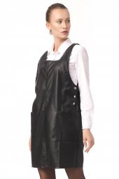 Kadın Cepli Kare Yaka Askılı Suni Deri Jile Elbise - 8