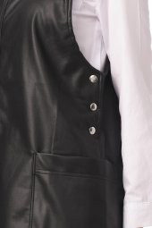 Kadın Cepli Kare Yaka Askılı Suni Deri Jile Elbise - 9