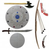 Ahşap Oyuncak Seti 7 li, KALKAN + BALTA + KILIÇ + KARAMBİT + OK YAY TK + LASTİK ATAN TABANCA + HEDEF - 1