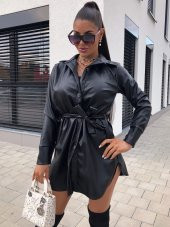 ŞARDONLU SİYAH DERİ GÖMLEK ELBİSE - 1