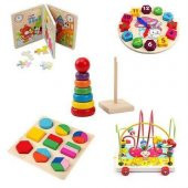 Hamaha Wooden Toys Ahşap Eğitici 5 Li Set Zeka Algı Oyunları Helezon - Puzzle - Saat - Geometrik - 1