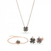 Mistik Topaz Gümüş Yonca Set Kolye Küpe Bileklik - 1