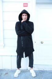 Trair Erkek Siyah Yandan Fermuarlı Kapşonlu Uzun Salaş Panço - 1