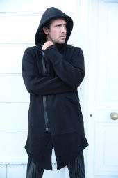 Trair Erkek Siyah Yandan Fermuarlı Kapşonlu Uzun Salaş Panço - 2