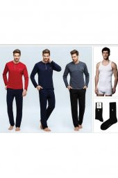 Erkek Bordo Pijama Takımı + Atlet + Boxer + Çorap Seti - 1