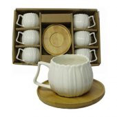 Papatya Bambu Tabaklı Porselen 6 Lı Kahve Fincan Takmı ,Bambu Fincan Takımı - 1