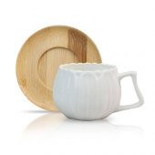 Papatya Bambu Tabaklı Porselen 6 Lı Kahve Fincan Takmı ,Bambu Fincan Takımı - 6