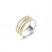 14K Altın Kaplama Şerit Detaylı Gümüş Alyans - 1