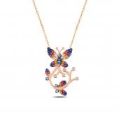 Mix Taşlı Kelebek Model Bayan Gümüş Kolye - 1
