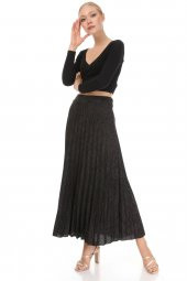 Kadın İthal İtalyan Antrasit Beli Lastikli Pliseli Uzun Etek 16225 - 1