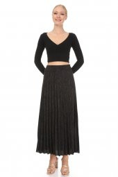 Kadın İthal İtalyan Antrasit Beli Lastikli Pliseli Uzun Etek 16225 - 2