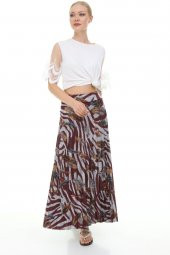 Kadın İthal İtalyan Bordo Tüy Baskılı Beli Lastikli Pliseli Uzun Etek 16275 - 1