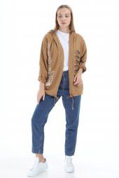 Kadın İthal İtalyan Sarı Kapüşonlu Lazer ve Payet Detaylı Sweatshirt 16286 - 1