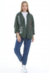Kadın İthal İtalyan Yeşil Kapüşonlu Lazer ve Payet Detaylı Sweatshirt 16287 - 1