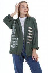 Kadın İthal İtalyan Yeşil Kapüşonlu Lazer ve Payet Detaylı Sweatshirt 16287 - 2