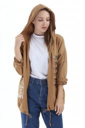 Kadın İthal İtalyan Sarı Kapüşonlu Lazer ve Payet Detaylı Sweatshirt 16286 - 2