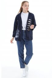 Kadın İthal İtalyan Lacivert Kapüşonlu Lazer ve Payet Detaylı Sweatshirt 16288 - 1