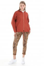 Kadın İthal İtalyan Kiremit Kapşonlu Fermuarlı Sweatshirt 16313 - 1