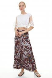 Kadın İthal İtalyan Bordo Tüy Baskılı Beli Lastikli Pliseli Uzun Etek 16275 - 2