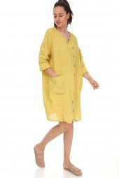 Kadın İthal İtalyan Sarı Önü Düğmeli Cep Detaylı Midi Boy Keten Kap 16296 - 1